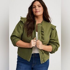 Torrid Lightweight Twill Ruffle Utility Jacket in olivine green color